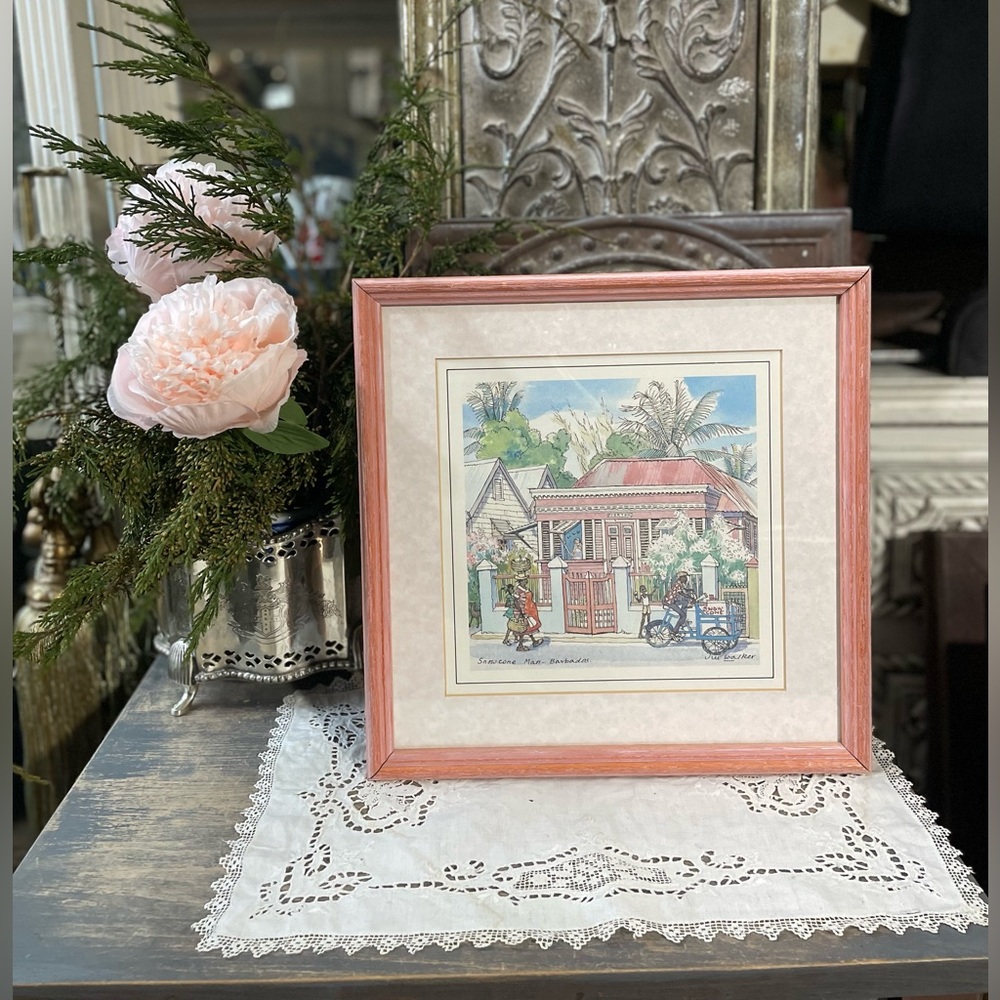 Jill Walker Framed Art print snowcone man coconut man Barbados island beach hous